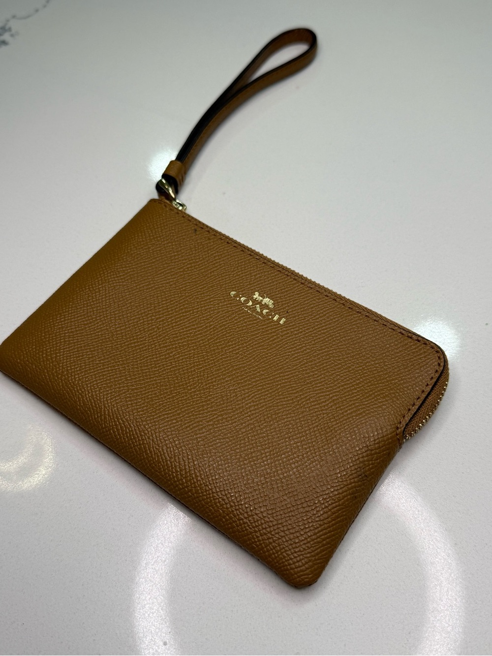 Coach Corner Zip Wristlet Saddle Brown Crossgrain Leather Wallet Pouch F58032